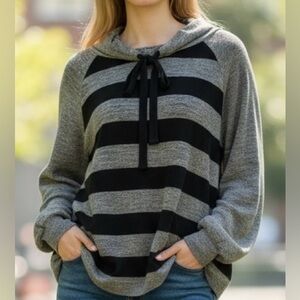 Hello Nite | black & grey stripe comfy sweatshirt, drawstring tie neck, NWT M